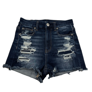 American Eagle Women’s blue denim “curvy hi-rise shortie” jean shorts size 2